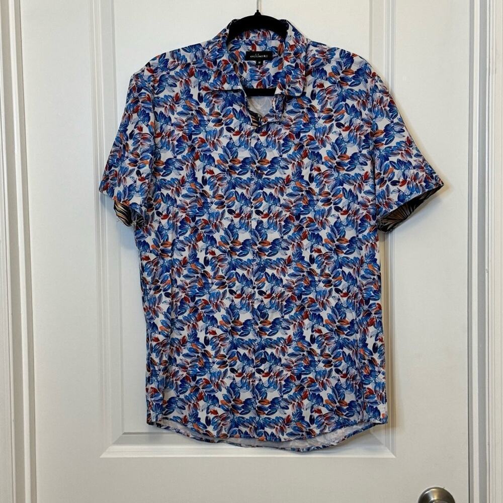 Blue and Red Casual Button Down Shirt with Floral Design